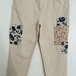 Sonoma Tan Straight Ankle Leg Jeans with Blue Patchwork